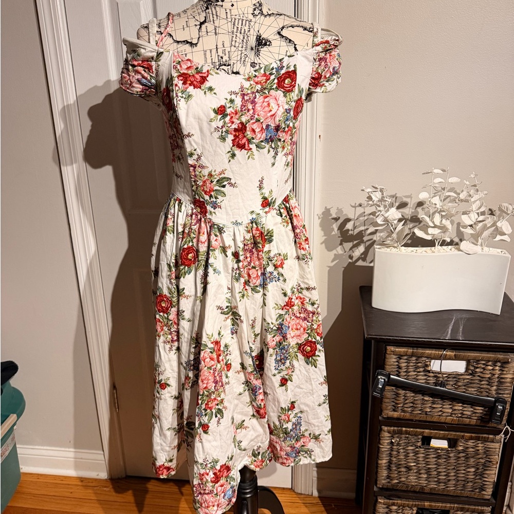 Chetta B Vintage 80s Cotton Floral Off-Shoulder Puff Sleeve Dress 16 retro